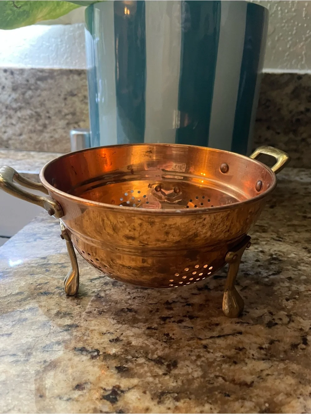 Vintage copper & brass berry colander with feet